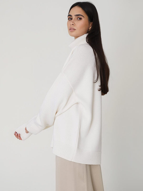 Casual Long Sleeves Loose Solid Color High-Neck Sweater Tops