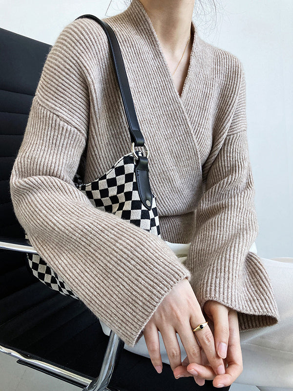 Casual Long Sleeves Loose Solid Color Cross V-Neck Sweater Tops