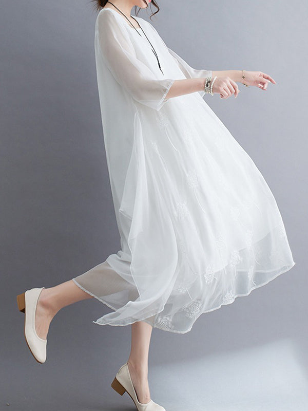 Gauze Split-Joint Loose Three-Quarter Sleeves Round-Neck Midi Dresses