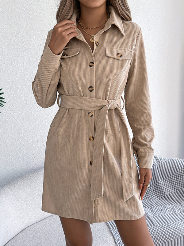 Belted Buttoned Single-Breasted Solid Color Elasticated Waist Long Sleeves Lapel Collar Shirt Dress Mini Dresses