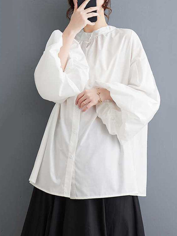 Buttoned Hollow Pleated Solid Color Loose Nine-Minute Sleeve Round-Neck Blouses&Shirts Tops
