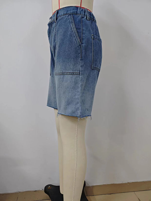 Buttoned Elasticity Fringed Pockets Split-Joint Loose Denim Shorts