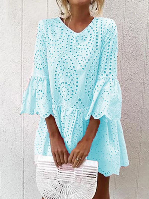 Embroidered Hollow Solid Color Split-Joint A-Line Flared Sleeves V-Neck Mini Dresses