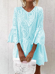 Embroidered Hollow Solid Color Split-Joint A-Line Flared Sleeves V-Neck Mini Dresses
