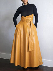 A-Line High Waisted Belted Pockets Solid Color Zipper Skirts Bottoms