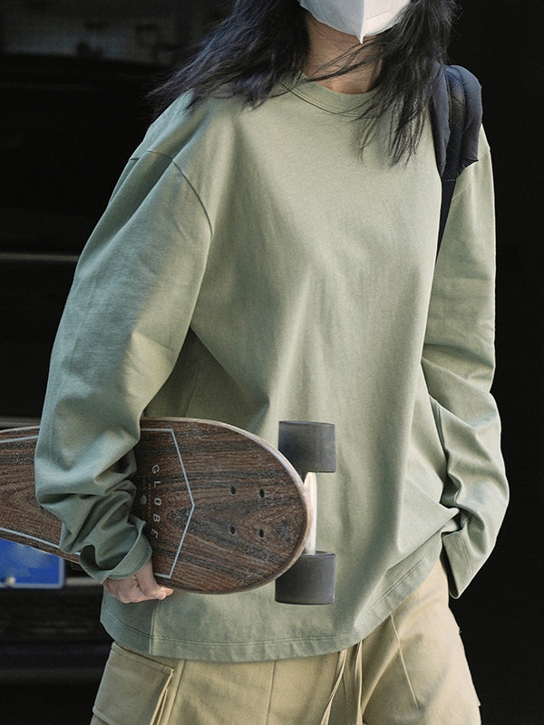 Casual Long Sleeves Loose Solid Color Round-Neck T-Shirts Tops