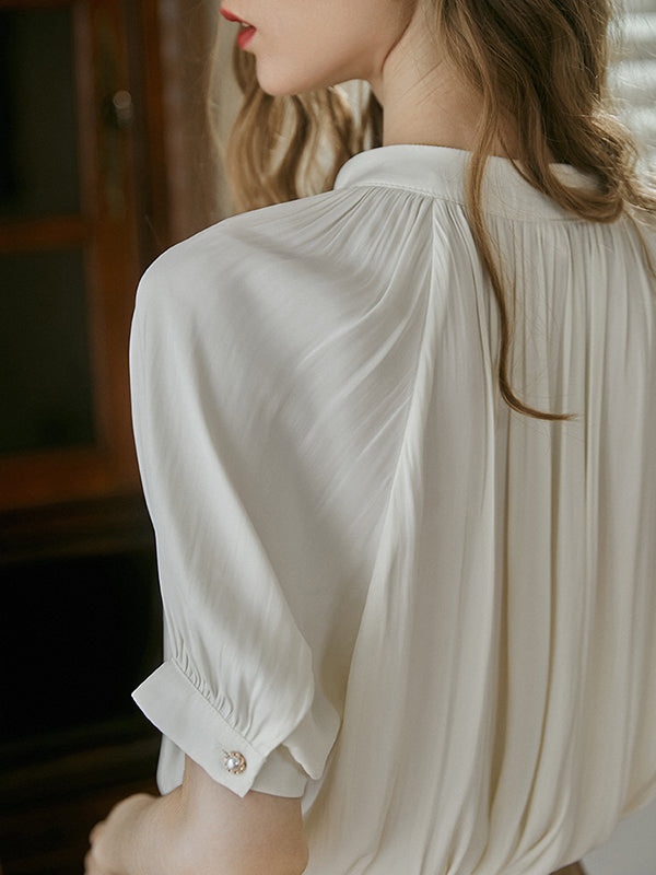 Buttoned Pleated Loose Puff Sleeves Round-neck Blouses&shirts Tops