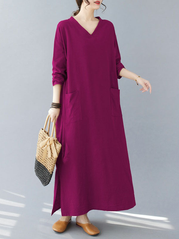 Pockets Solid Color Split-Side A-Line Long Sleeves V-Neck Maxi Dresses