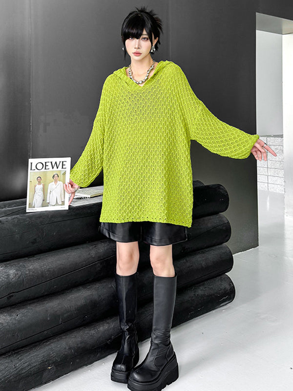 Hollow Solid Color Long Sleeves Loose Hooded Sweater Tops