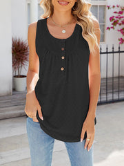 Buttoned Pleated Split-Joint Loose Sleeveless Round-Neck Vest Top