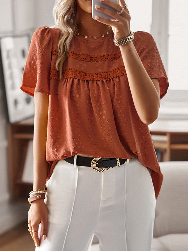 Hollow Jacquard Pleated Solid Color Split-Joint Loose Short Sleeves Round-Neck T-Shirts Tops