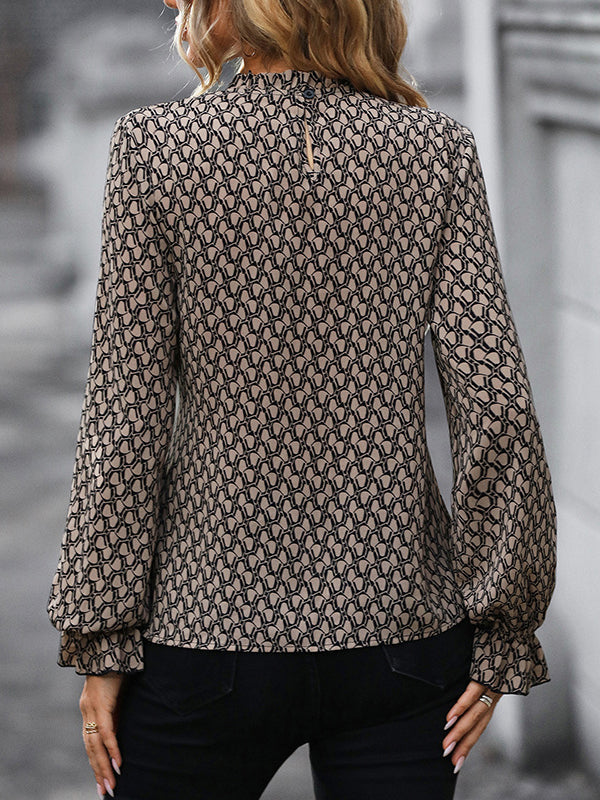 Bandage Belted Leopard Printed Long Sleeves Round-Neck Blouses&Shirts Tops