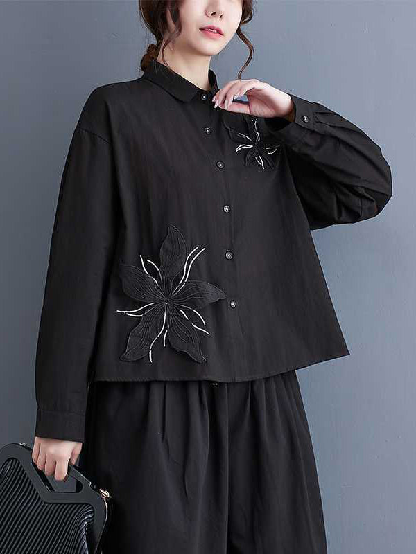 Applique Buttoned Embroidered Long Sleeves Loose Lapel Blouses&Shirts Tops