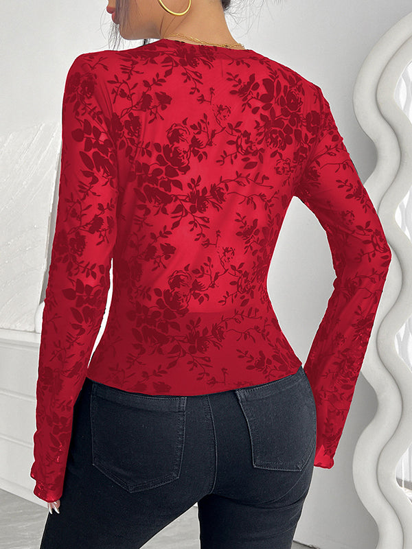 Solid Color Flared Sleeves Long Sleeves Deep V-Neck T-Shirts