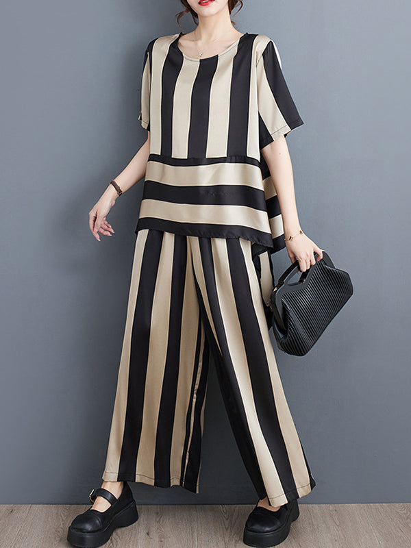 Striped Irregular clipping Loose Round-neck Two Pieces Set