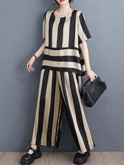 Striped Irregular clipping Loose Round-neck Two Pieces Set