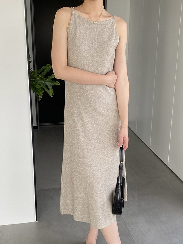 Solid Color A-Line High Waisted Spaghetti-Neck Midi Dresses