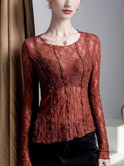 See-Through Split-Joint Textured Irregularity Long Sleeves Round-Neck T-Shirts Tops