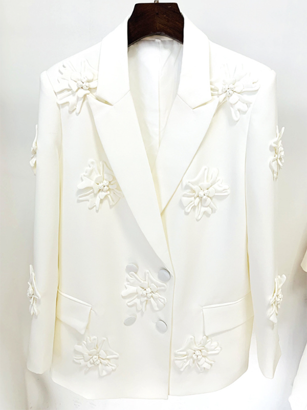 Flower-Embellished Solid Color Long Sleeves Lapel Outerwear Blazer