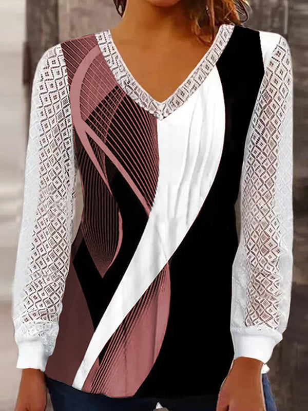 Printed See-Through Split-Joint Long Sleeves Loose V-neck T-Shirts Tops