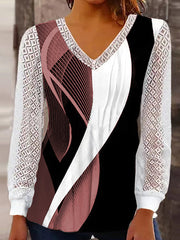 Printed See-Through Split-Joint Long Sleeves Loose V-neck T-Shirts Tops