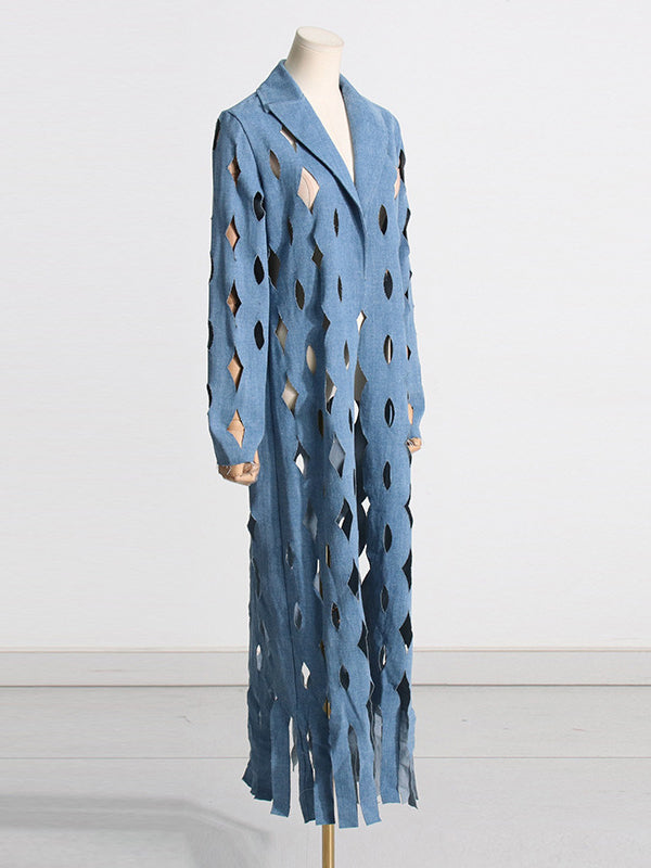 Hollow Solid Color Tasseled Long Sleeves Loose Notched Collar Denim Outerwear