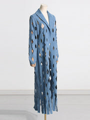 Hollow Solid Color Tasseled Long Sleeves Loose Notched Collar Denim Outerwear