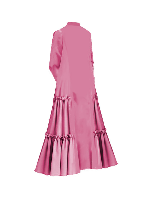 Buttoned Layered Pleated Pockets Ruffled Solid Color Split-Joint A-Line Long Sleeves Stand Collar Maxi Dresses