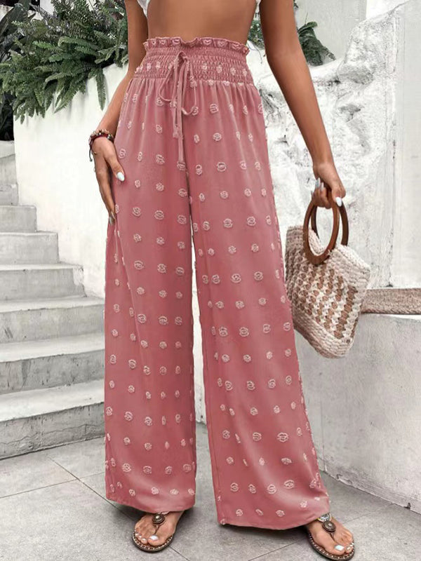 Drawstring Elasticity Jacquard Solid Color High Waisted Loose Trousers Pants
