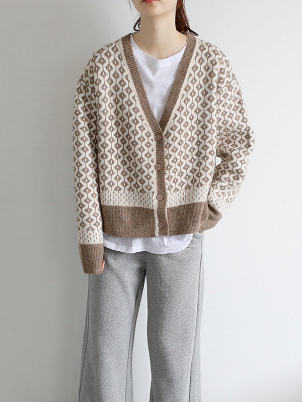 Vintage Loose Rhombic V-Neck Cardigan