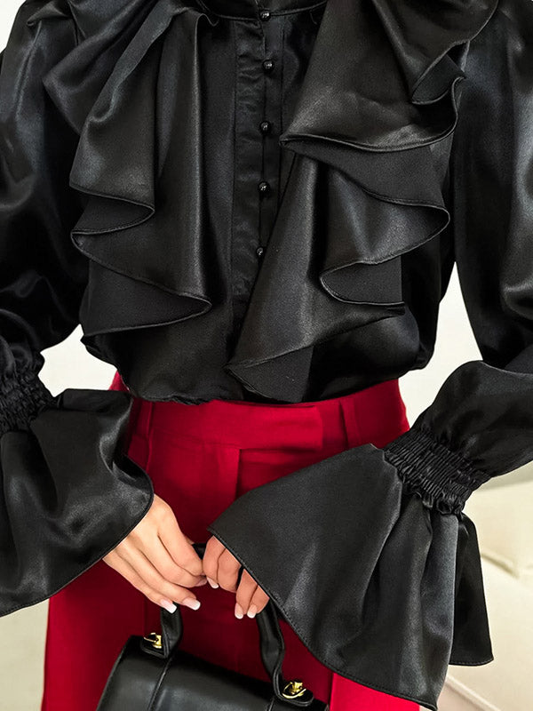 Falbala Solid Color Split-Joint Flared Sleeves Loose Stand Collar Blouses&Shirts Tops