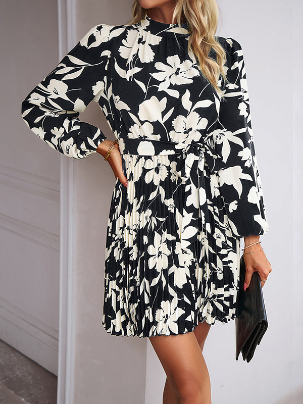 Flower Print Pleated Tied Waist High Waisted Long Sleeves Mock Neck Mini Dresses