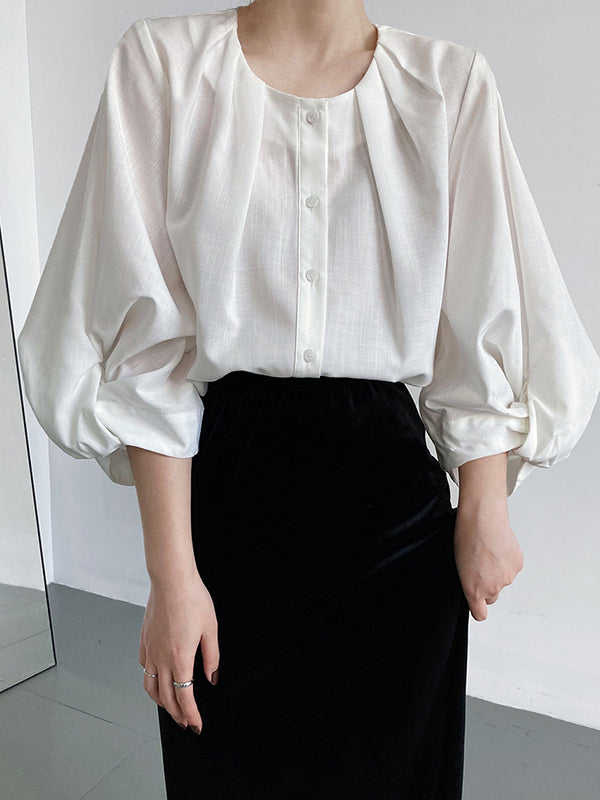 Pleated See-Through Solid Color Split-Joint High-Low Loose Round-Neck Blouses