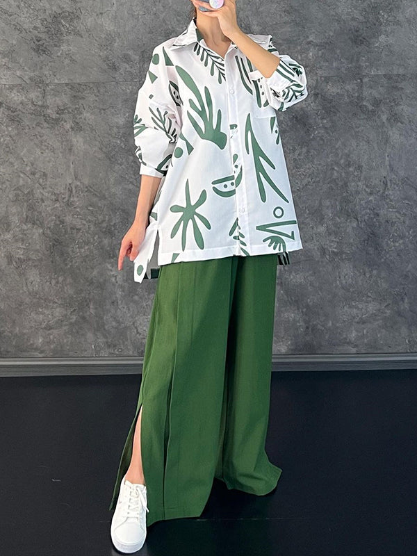 Lapel Printed High-Low Buttoned Pockets Blouse+ High Waisted Elasticity Pleated Split-Side Pants Two Pieces Set
