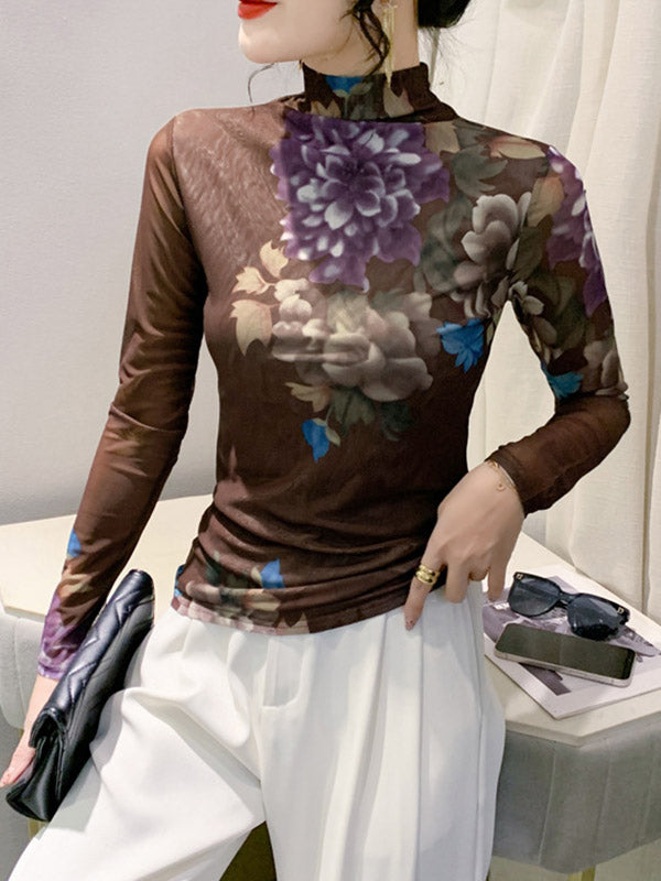 Floral Printed See-Through Split-Joint Long Sleeves Plus Size High Neck T-Shirts