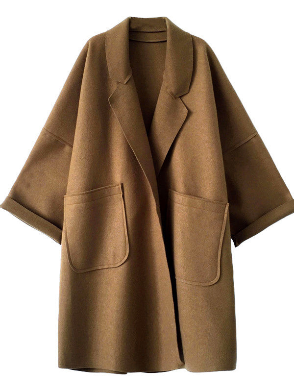 Buttoned Pockets Solid Color Split-Joint Long Sleeves Loose Notched Collar Woolen Coat