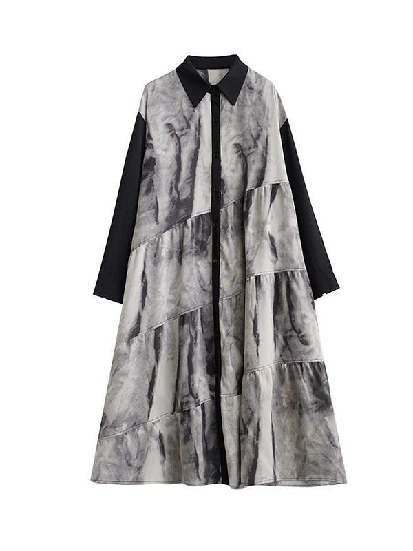 Buttoned Printed Split-Joint Wash Painting A-line Long Sleeves Lapel Shirt Dress Midi Dresses