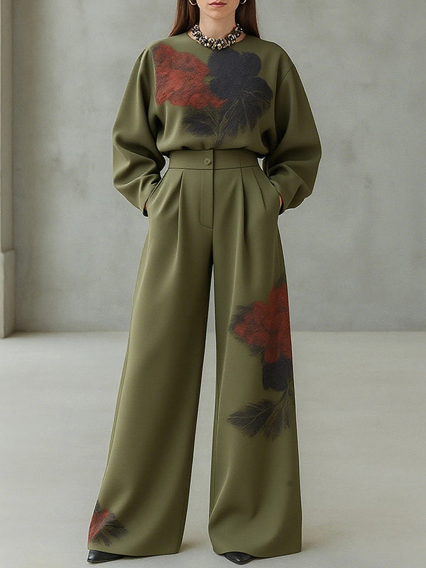 Long Sleeves Floral Printed Split-Joint Round-Neck Blouses&Shirts Tops