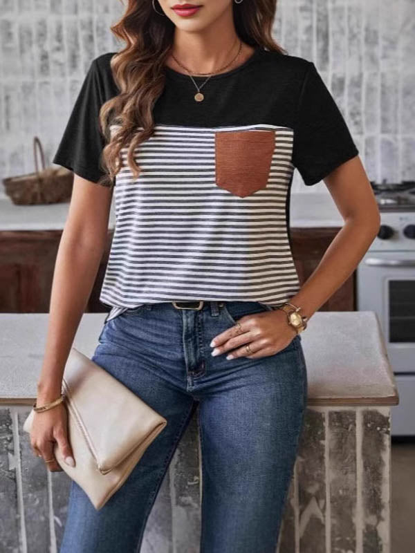 Split-Joint Striped Loose Short Sleeves Round-Neck T-Shirts Tops