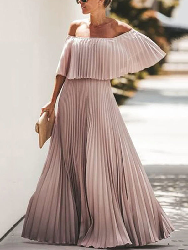 Loose Pleated Solid Color Off-The-Shoulder Maxi Dresses