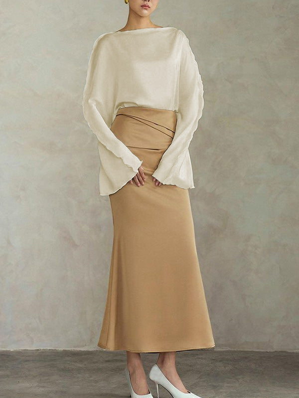 Solid Color Split-Joint Tied Flared Sleeves Long Sleeves Round-neck T-Shirts Tops