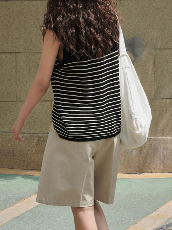 Striped Loose Sleeveless Round-neck Vest Top