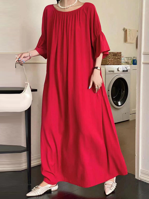Solid Color Half Sleeves Loose Round-Neck Midi Dresses