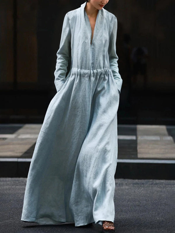 Long Sleeves Loose Elasticity Solid Color V-Neck Maxi Dresses