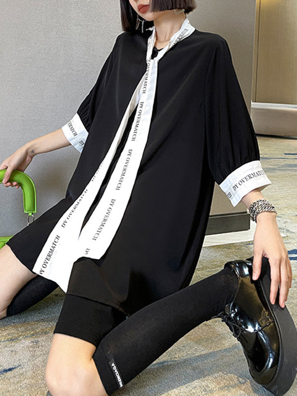 Contrast Color Lace-Up Letter Print Split-Joint Loose Short Sleeves Stand Collar Blouses