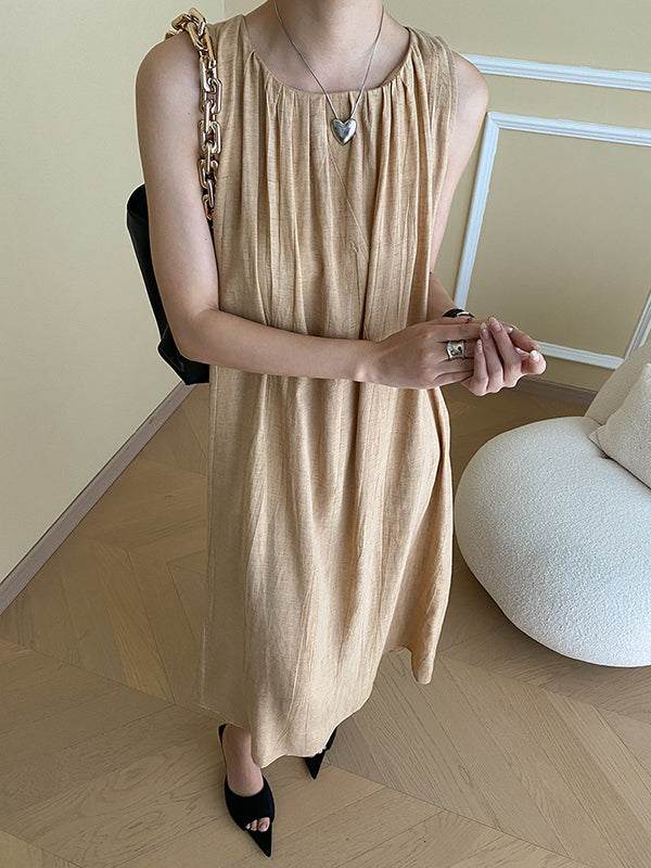 Pleated Solid Color A-Line Loose Round-Neck Midi Dresses