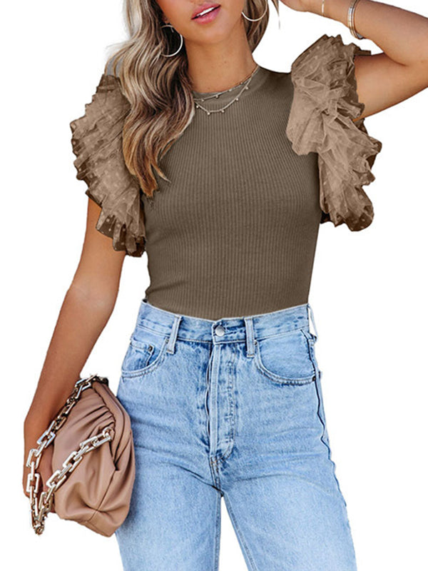 Split-Joint Ruffle Sleeves Skinny Round-Neck T-Shirts Tops