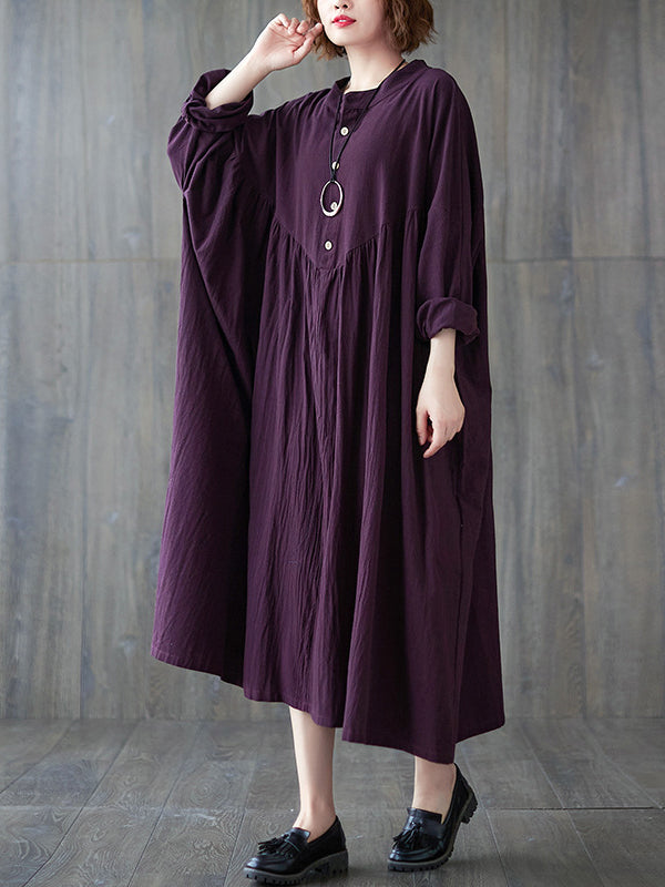 Pleated Solid Color Loose Puff Sleeves Stand Collar Midi Dresses