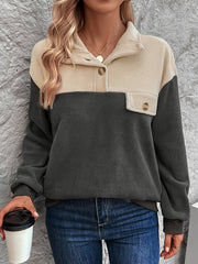 Buttoned Contrast Color Split-Joint Velvet Long Sleeves Loose Stand Collar Sweatshirt Tops