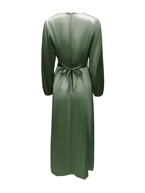 High-Waisted Solid Color Tied Waist Zipper Wrap Round-neck Maxi Dresses